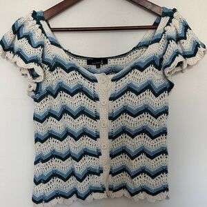Stylish Chevron Knit Blouse in Blue and White